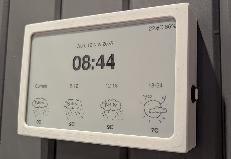 ESP32 ePaper Wall Clock showing time, date, and weather